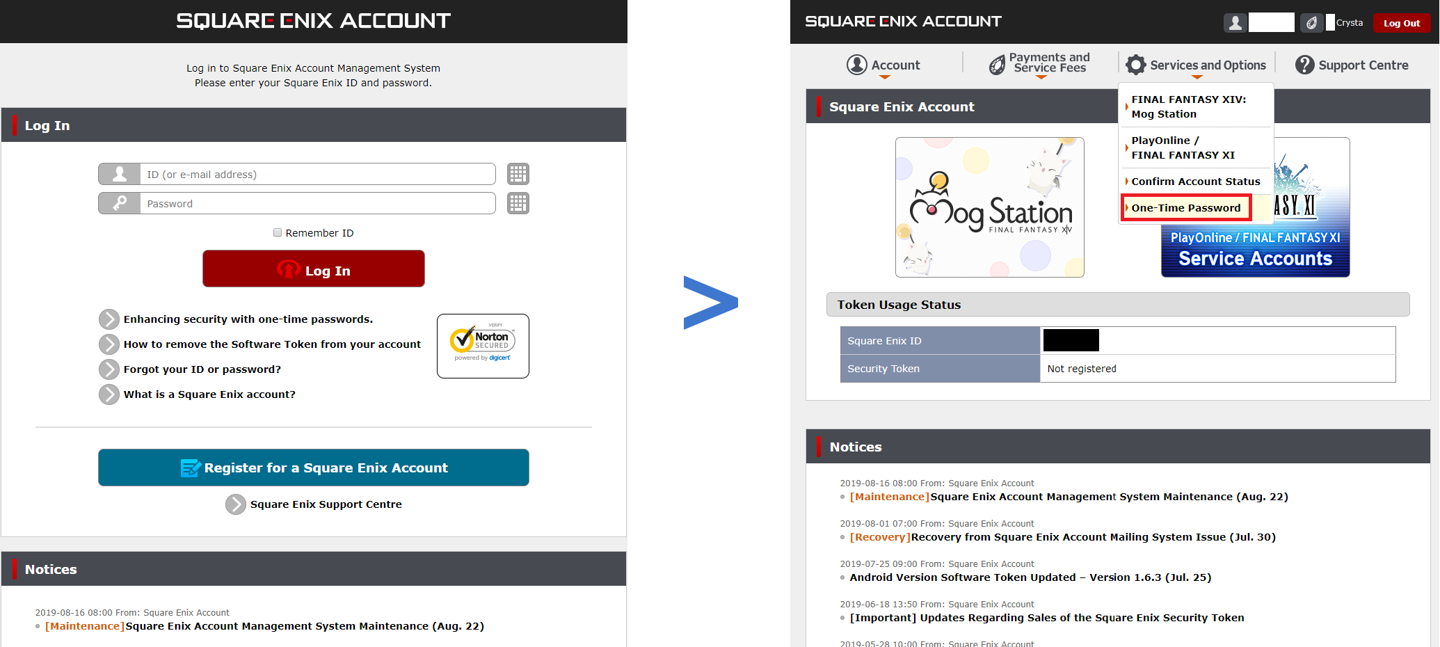 Screen transition diagram for logging into the Square Enix Account Management System and accessing the One-Time Password page